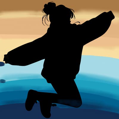realistic girl jumping with a bun and oversized sweatshirt