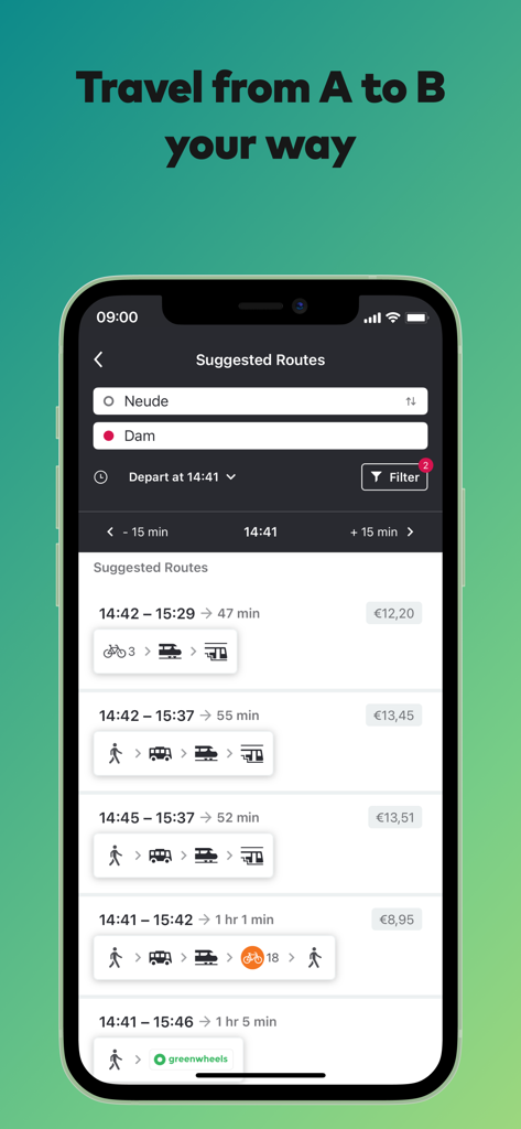 Glimble: public transport - Glimble app interface showing suggested multimodal travel routes with prices and durations