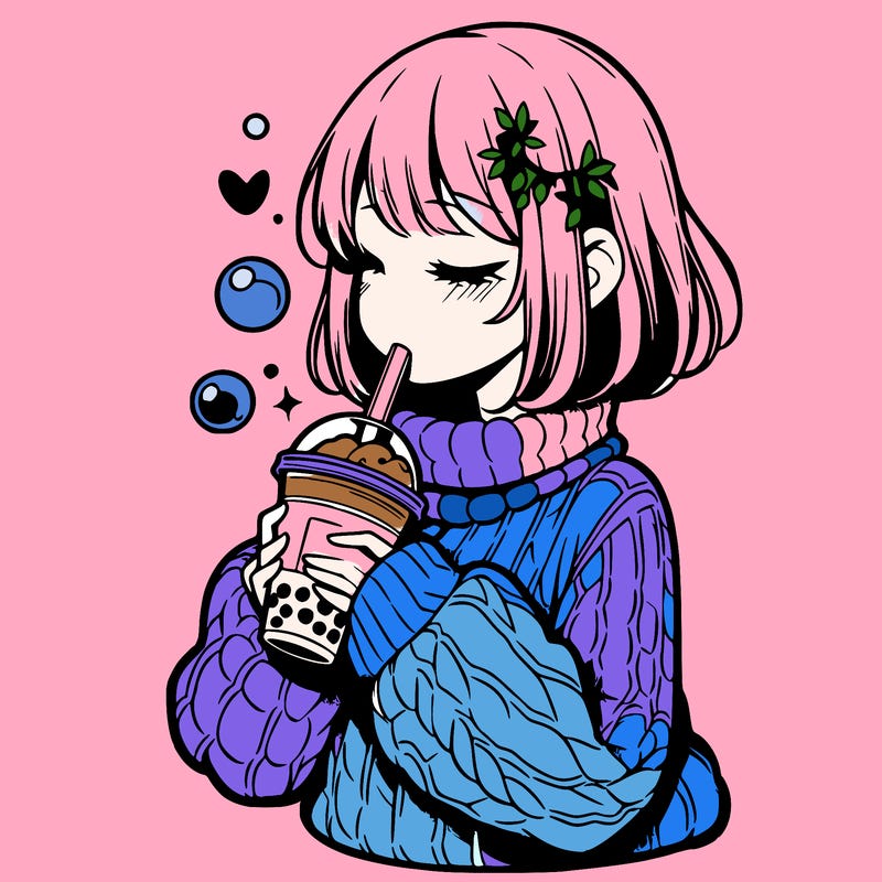 manga girl drinking boba in cozy sweater