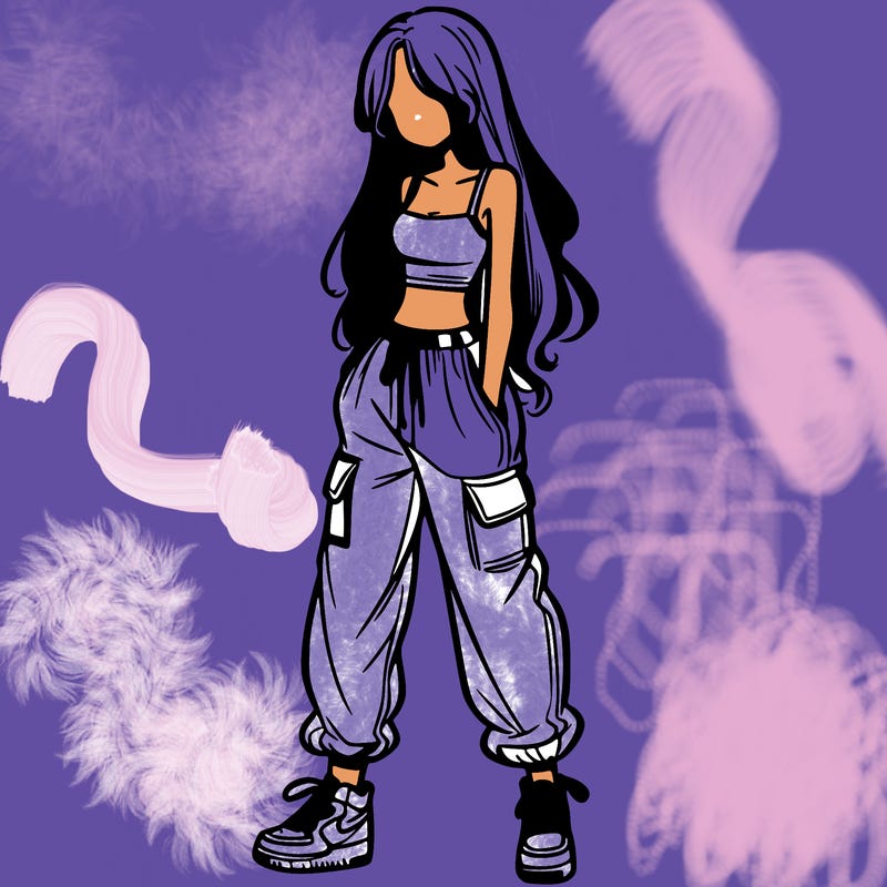 girl in baggy pants crop top and long hair