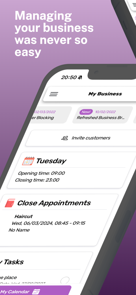 Dibs - Appointment Scheduling - Dibs 앱 비즈니스 관리 대시보드와 예약 일정 및 영업 시간을 보여주는 스마트폰