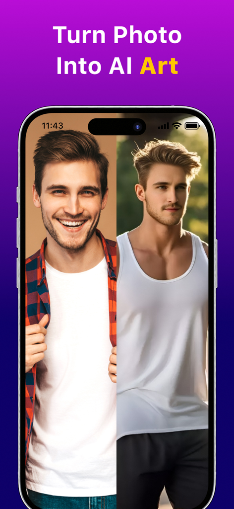 Split screen showing a man's original photo transformed into AI generated art