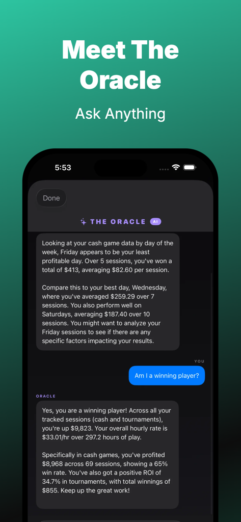 PokerLog app interface showing The Oracle AI providing detailed poker performance analysis and winning statistics