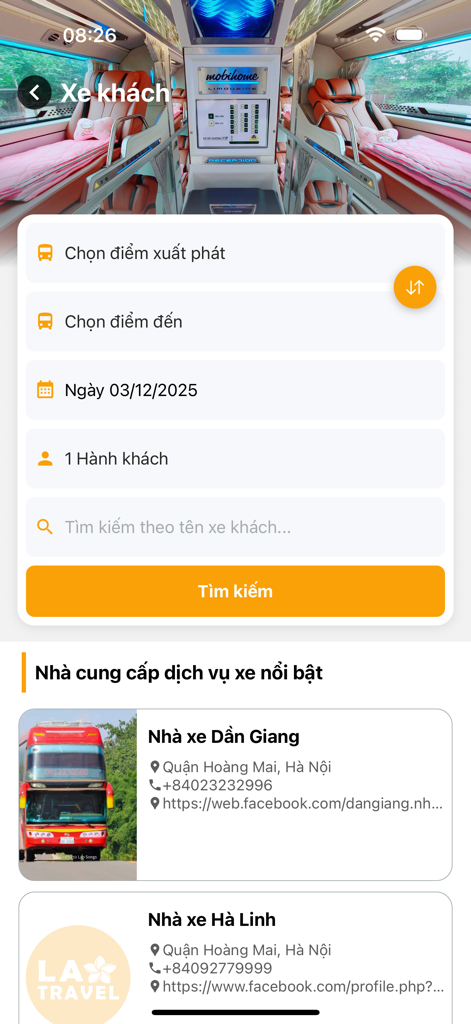 Lao Travel - Lao Travelアプリのバスチケット検索および予約画面。出発地、目的地、乗客フィールドが表示されています。