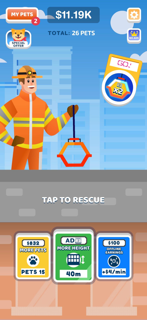 Save The Pets - Firefighter character with a rescue hook in the Save The Pets mobile game interface