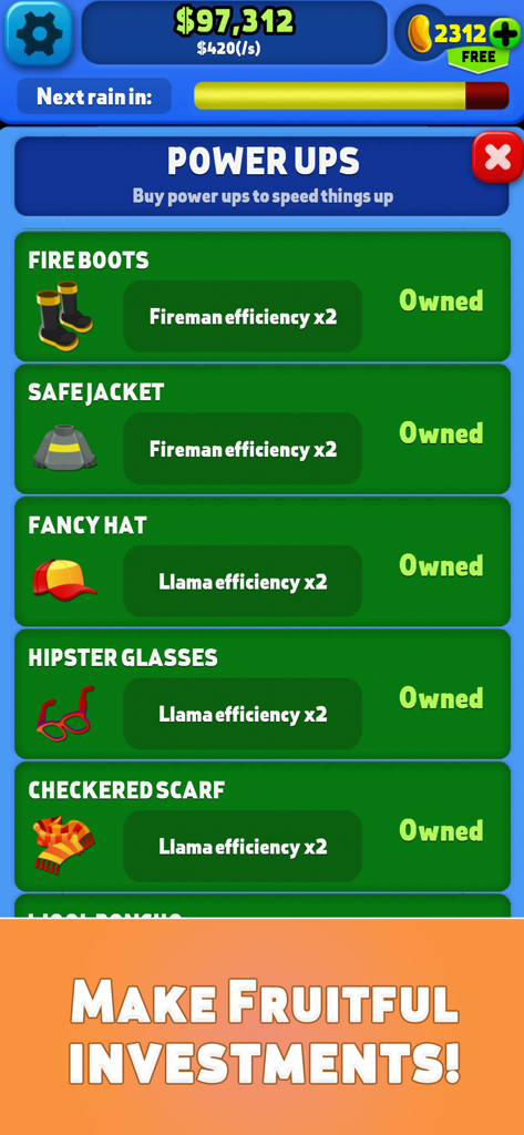 Tela do menu de power-ups no jogo Money Tree mostrando upgrades de eficiência e investimentos