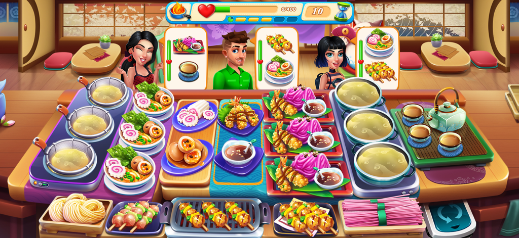 Cooking Love - Restaurant Chef - Cooking Love game screen showing a Japanese restaurant with ramen and tempura