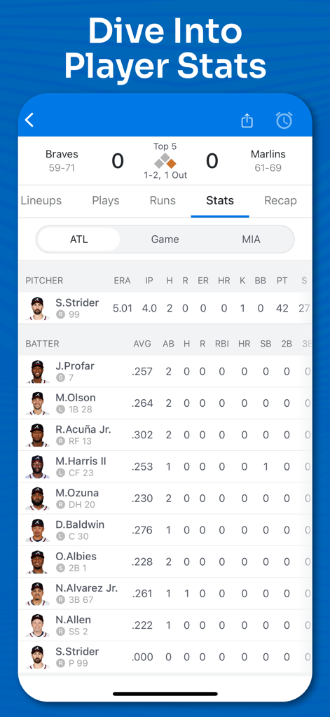 Screenshot der mobilen App zeigt detaillierte MLB-Spielerstatistiken einschließlich Pitcher ERA und Batter Batting Averages während eines Live-Baseballspiels