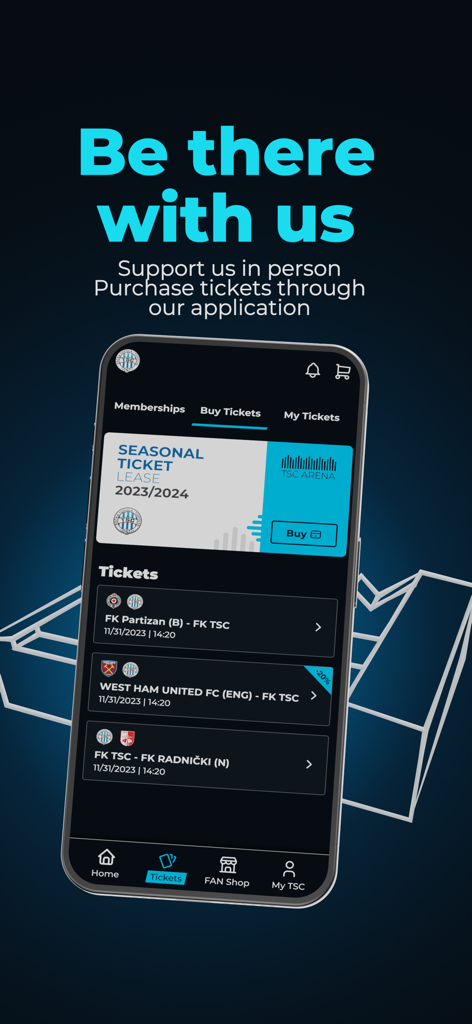 FK TSC - Captura de pantalla de la app móvil FK TSC mostrando la pantalla de compra de entradas con abonos de temporada y listados de partidos próximos.