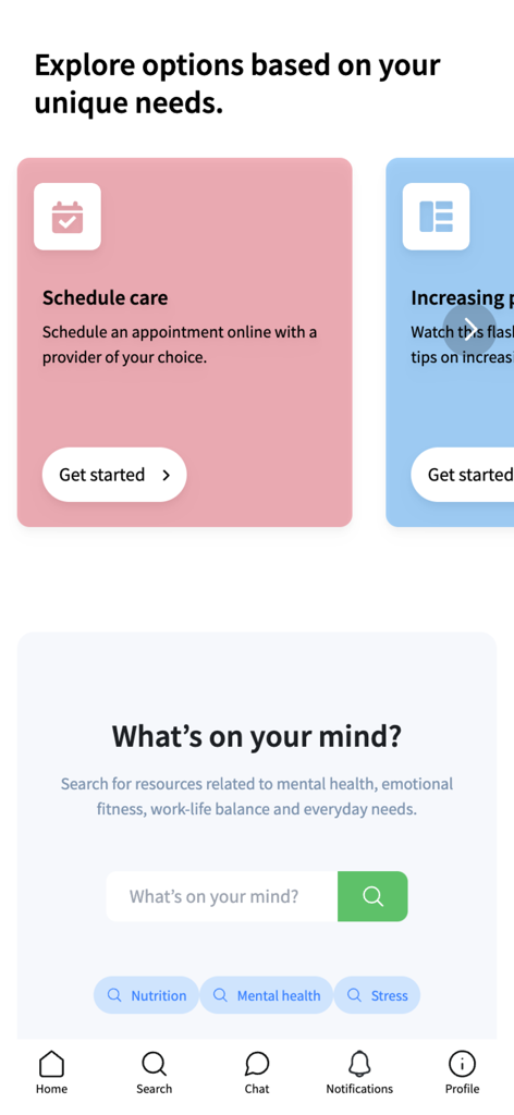 Interfaz de la aplicación móvil eConnect que muestra opciones para programar atención y buscar recursos de salud mental y bienestar.