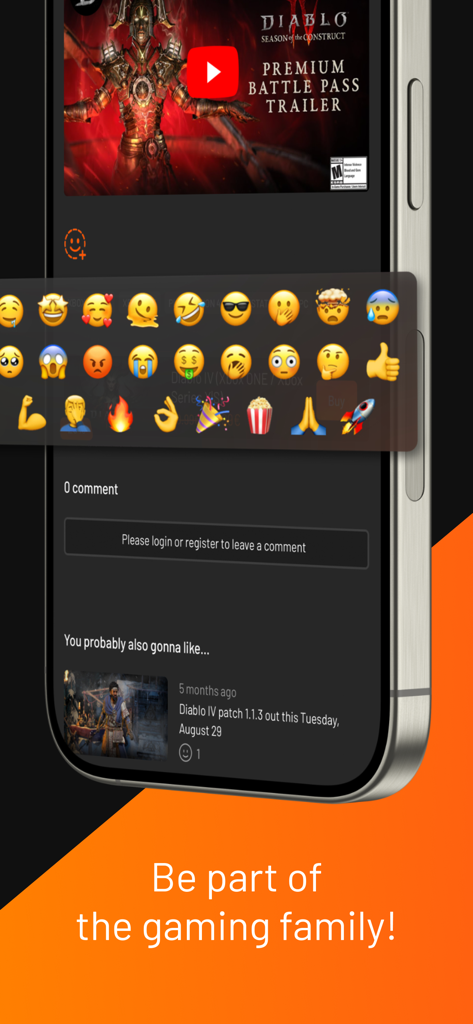 Instant Gaming News - Screenshot of the Instant Gaming News app showing emoji reactions and a video trailer for Diablo IV.