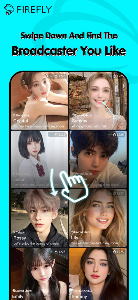 Firefly Live app interface showing a grid of live broadcasters and a swipe down gesture to find hosts