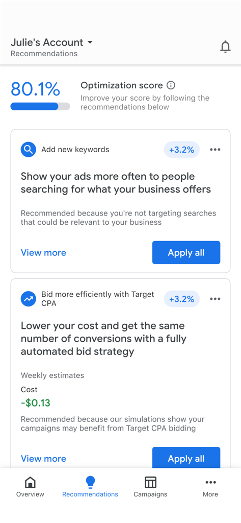 Google Ads mobile app interface showing the recommendations page with an optimization score and campaign improvement suggestions