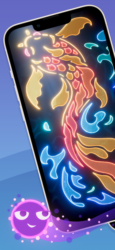 Dream Hopper - A vibrant neon glowing koi fish on a mobile phone screen in a zen game.