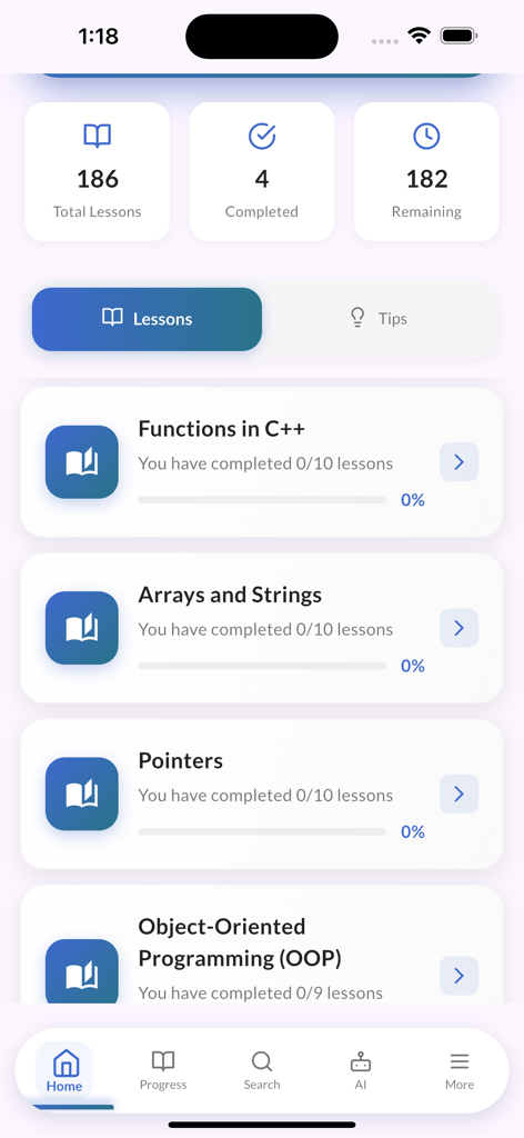 Learn C++ Programming Offline - Course dashboard showing C plus plus lesson modules for functions, arrays, and pointers with progress tracking