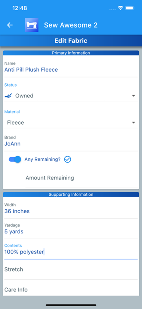 Sew Awesome 2 - La pantalla de edición de tela en la aplicación Sew Awesome 2 que muestra detalles de inventario para un material de forro polar.