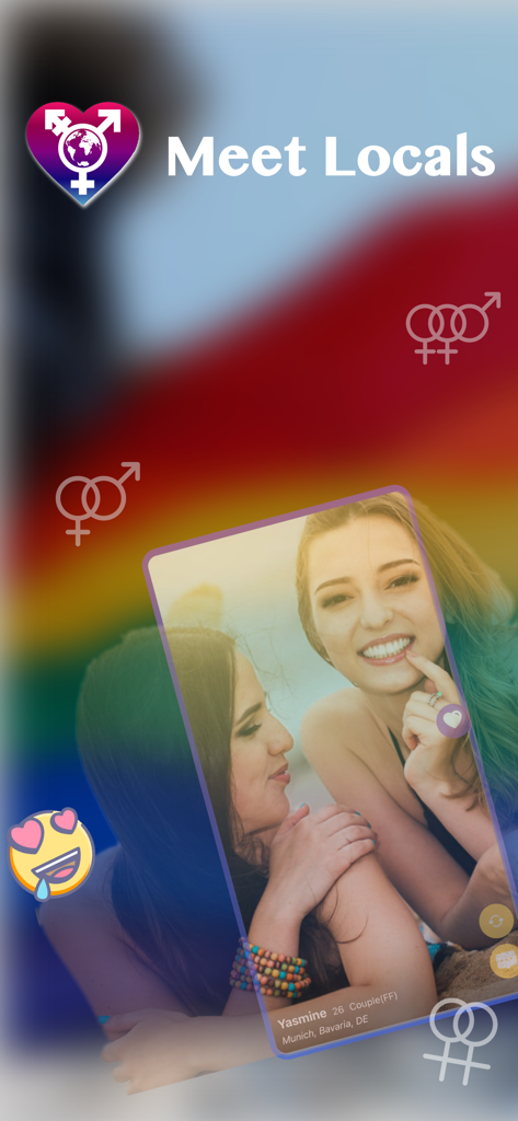 Trans, Transgender Dating - TS - TS出会い系アプリのスクリーンショット、「地元の人と会う」という見出しと、虹色の背景に2人の人物のプロフィールカードが表示されています。