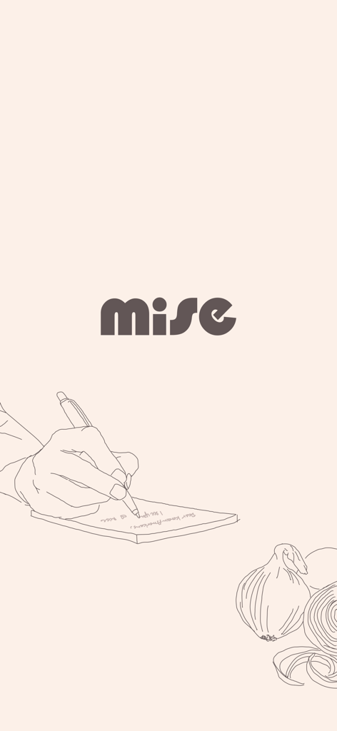 Mise app logo above a minimalist line drawing of a hand writing on a notebook and onions