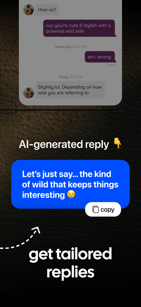 Woto - AI Texting Assistant - A screenshot of the Woto app showing an AI-generated flirty reply for a dating conversation.