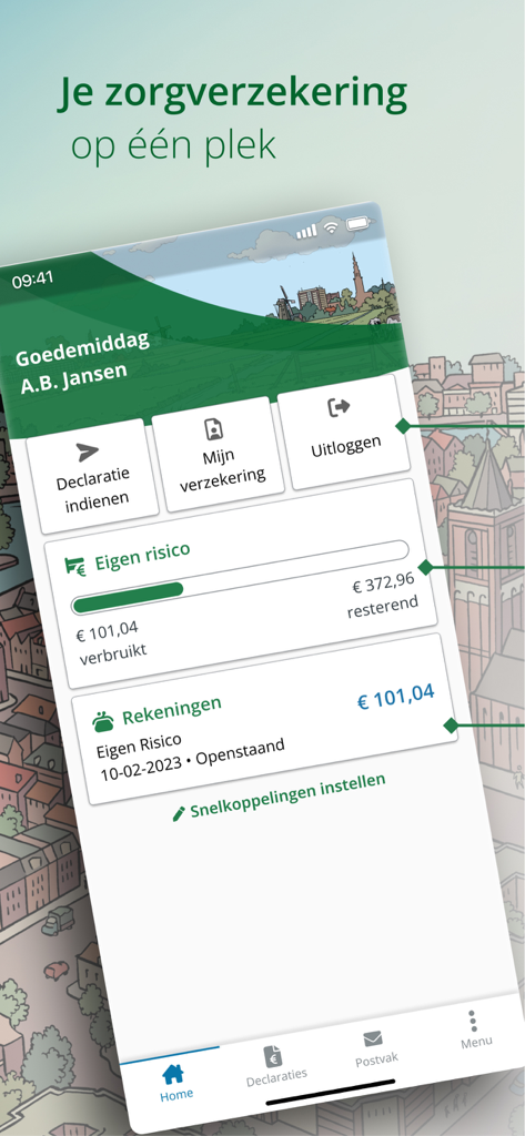 MijnDSW - MijnDSW mobile app home dashboard displaying insurance excess progress and medical bill management.