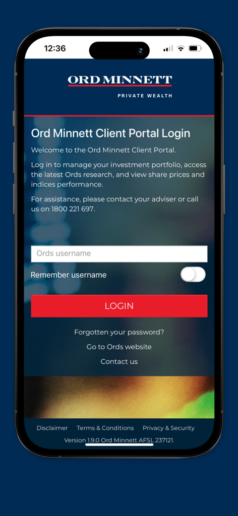 Ord Minnett - Ord Minnett client portal login screen on a mobile phone showing the username field and login button.
