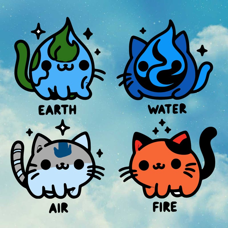 4 cats that represent the different elements, earth, water, air, and fire