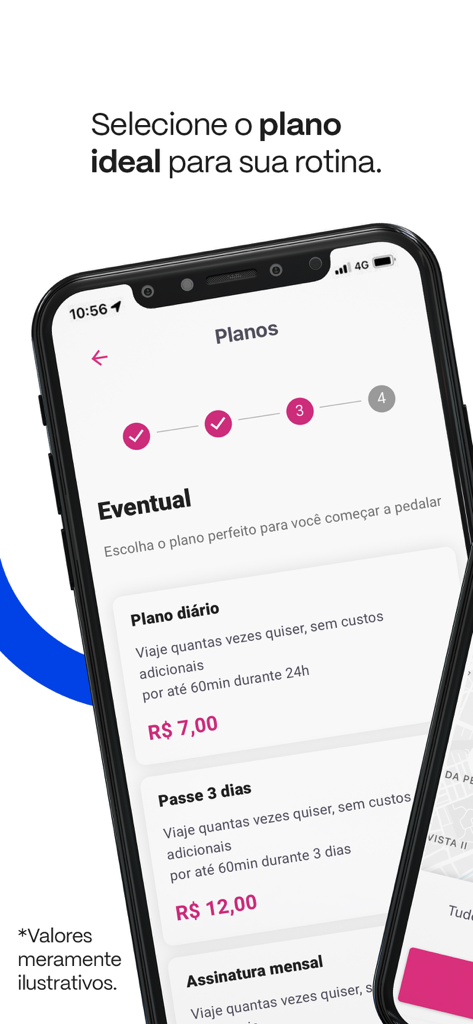 tembici. - Pantalla del smartphone mostrando las opciones de suscripción de bicicletas compartidas de Tembici y planes diarios