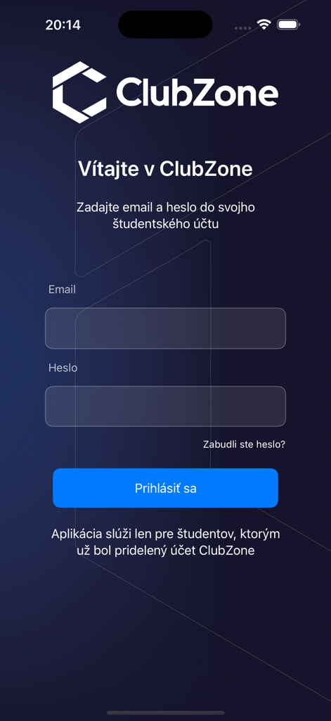 Login screen of the ClubZone Student app showing email and password input fields and a sign-in button