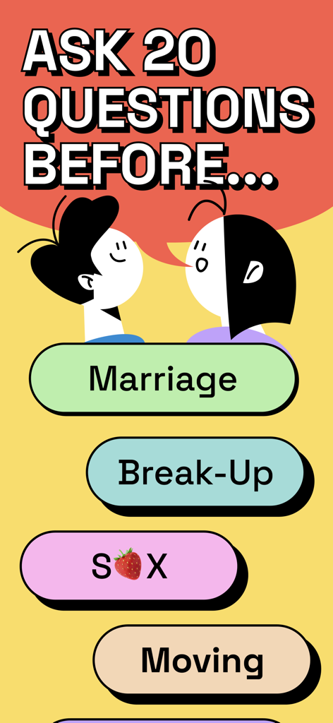 20 Questions: Game For Couples - 結婚や同棲などの人間関係のトピックのカテゴリボタンとともに、会話をしているカップルのイラスト。