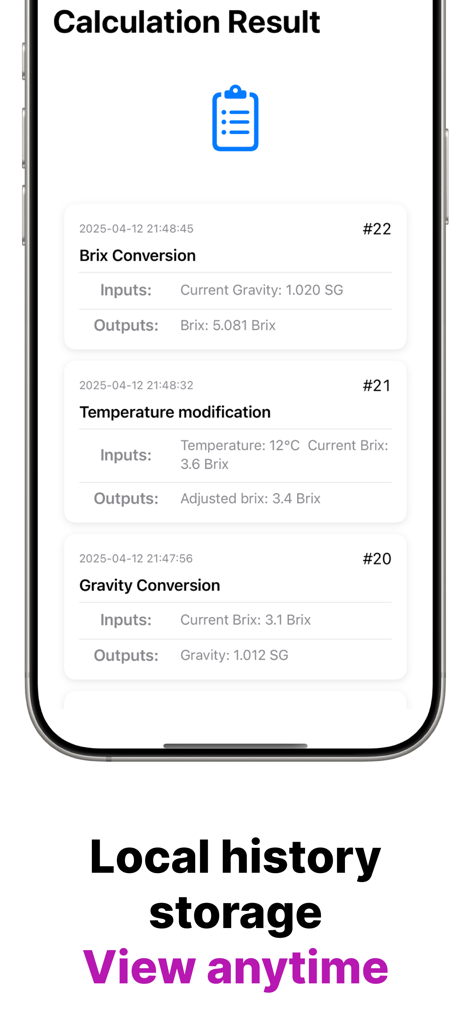 A list of previous brewing calculations in the ABV Calculator app history