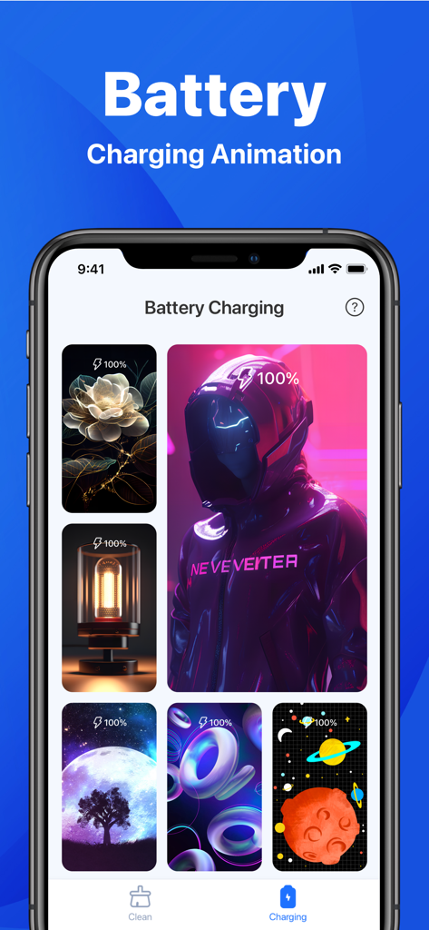 Pantalla de la aplicación para iPhone mostrando varias animaciones estéticas de carga de batería y temas de personalización