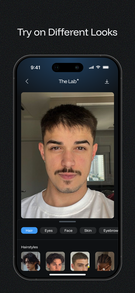 AscendMax - Become Hot - 한 남자가 AscendMax 앱을 사용하여 다양한 헤어스타일과 얼굴 개선 사항을 미리 봅니다.