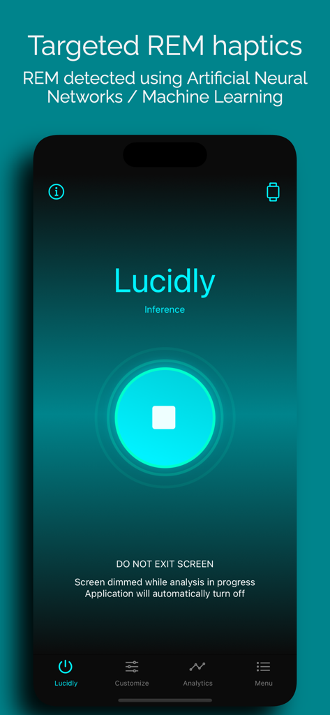 Lucidly - Lucidly Mobile App-Oberfläche, die gezielte REM-Haptik und Sitzungen im KI-Inferenzmodus zeigt