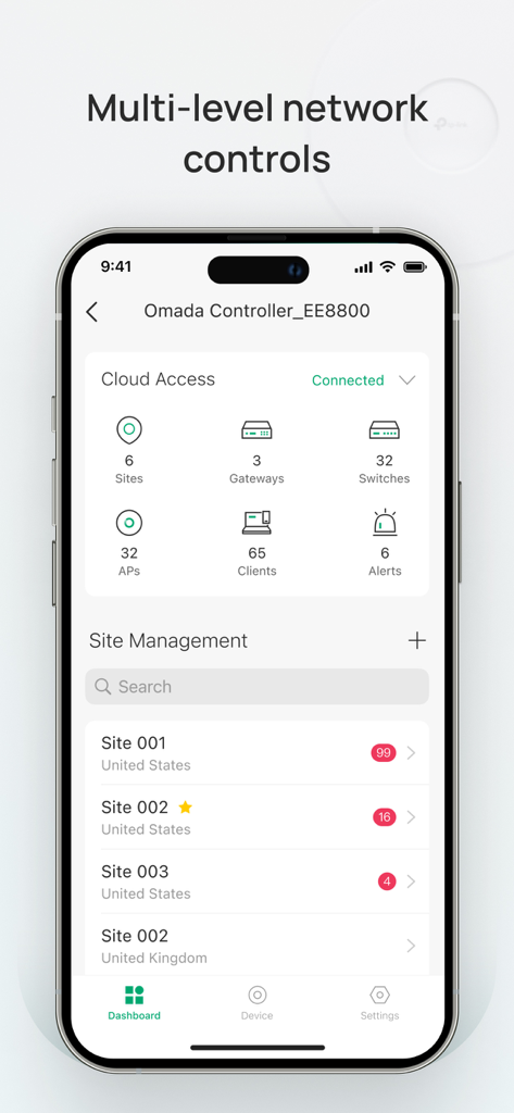 Smartphone-Bildschirm zeigt das TP-Link Omada-App-Dashboard mit mehrstufigen Netzwerksteuerungen und Verwaltung mehrerer Standorte.