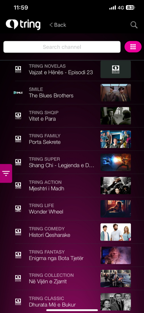 Tring TV - Tring TV mobile App-Oberfläche, die eine Liste von thematischen albanischen und internationalen Filmkanälen anzeigt