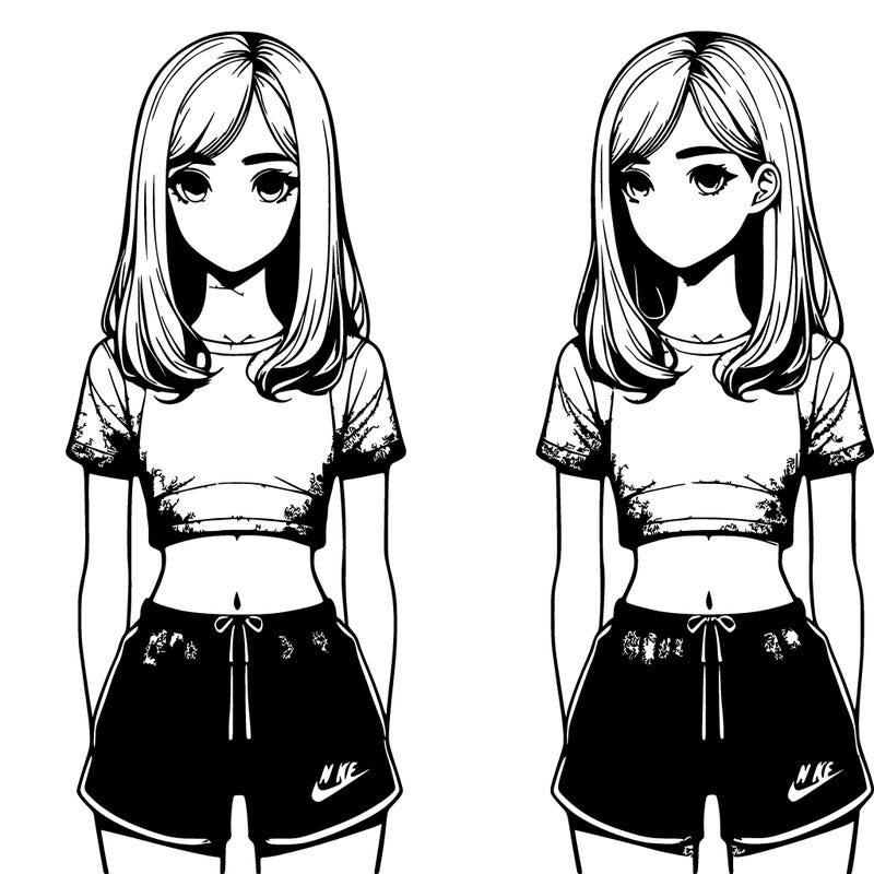relistic girl with medium hair and nike shorts and a tight shirt