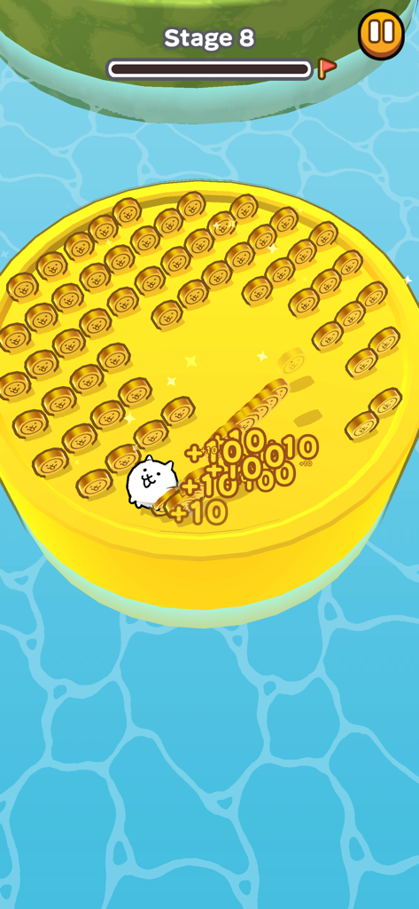 Battle Cats Quest - A white cat collecting golden coins on a yellow island in Battle Cats Quest gameplay