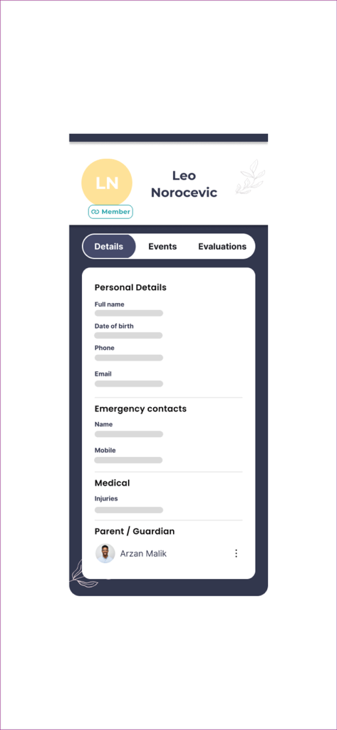 Outcoach - Pantalla de perfil de estudiante de la aplicación Outcoach que muestra detalles personales, contactos de emergencia e información de los padres