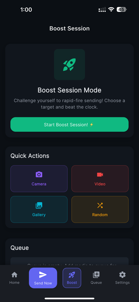 Livroll - Streak Booster - Interface of the Livroll app showing the Boost Session Mode and quick action buttons for camera and gallery
