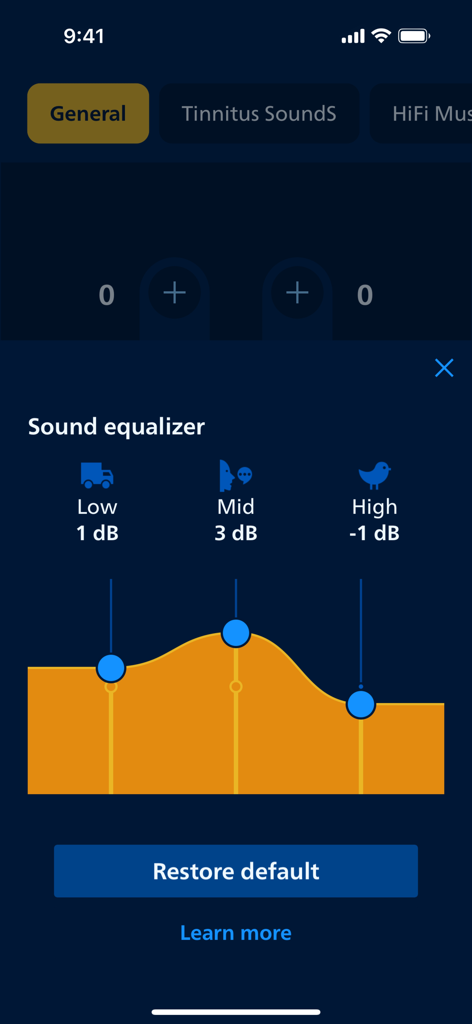 Interfaz del ecualizador de sonido en la aplicación Philips HearLink 2 que muestra bandas de frecuencia ajustables para sonidos bajos, medios y altos