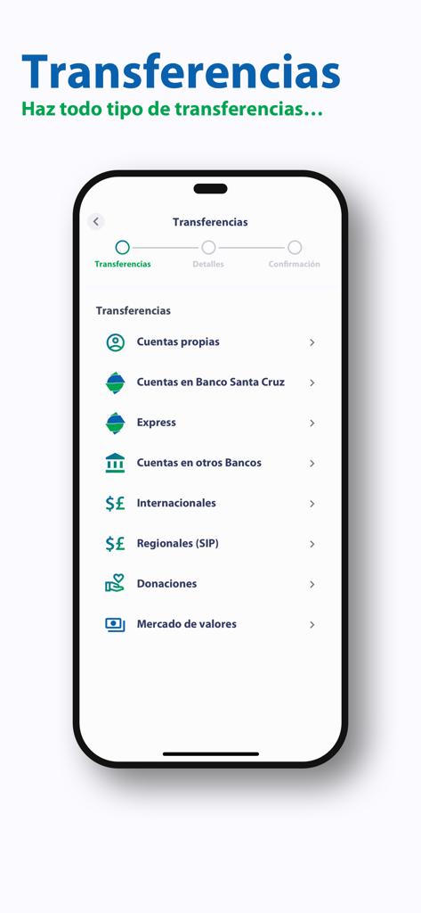 App BSC - Interface of the App BSC showing different money transfer options including international and local bank accounts.