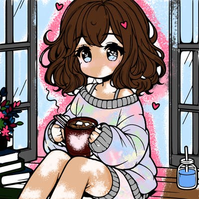 cute anime girl reading book and drinking hot chocolate from mug with loose wavy hair wearing a baggy sweatshirt and shorts sitting by windowsill looking out