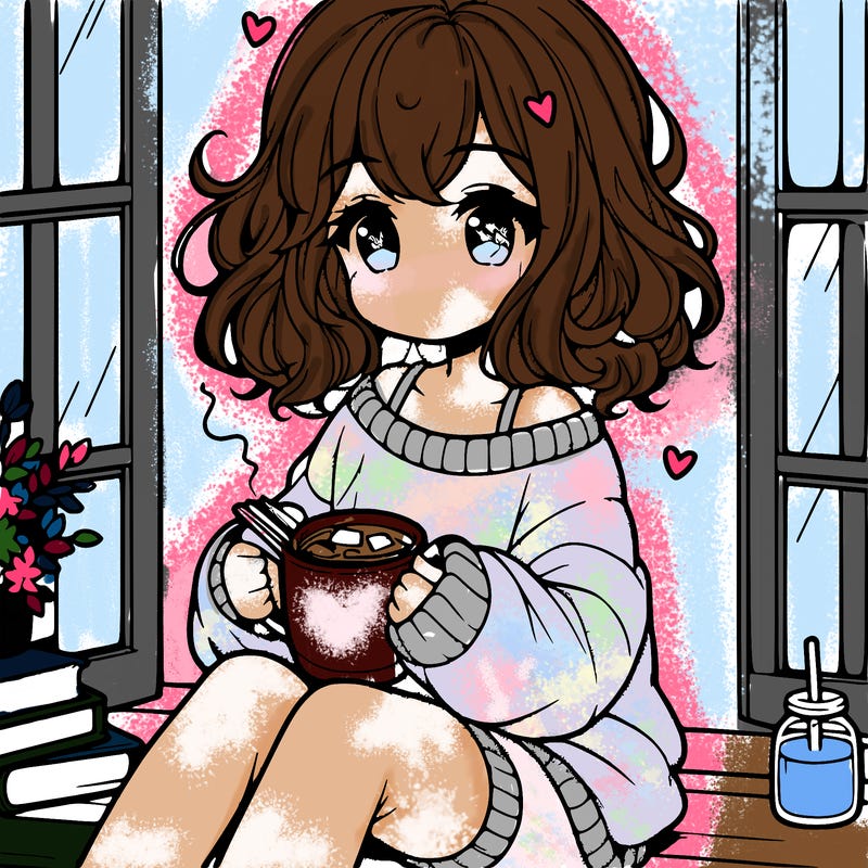 cute anime girl reading book and drinking hot chocolate from mug with loose wavy hair wearing a baggy sweatshirt and shorts sitting by windowsill looking out