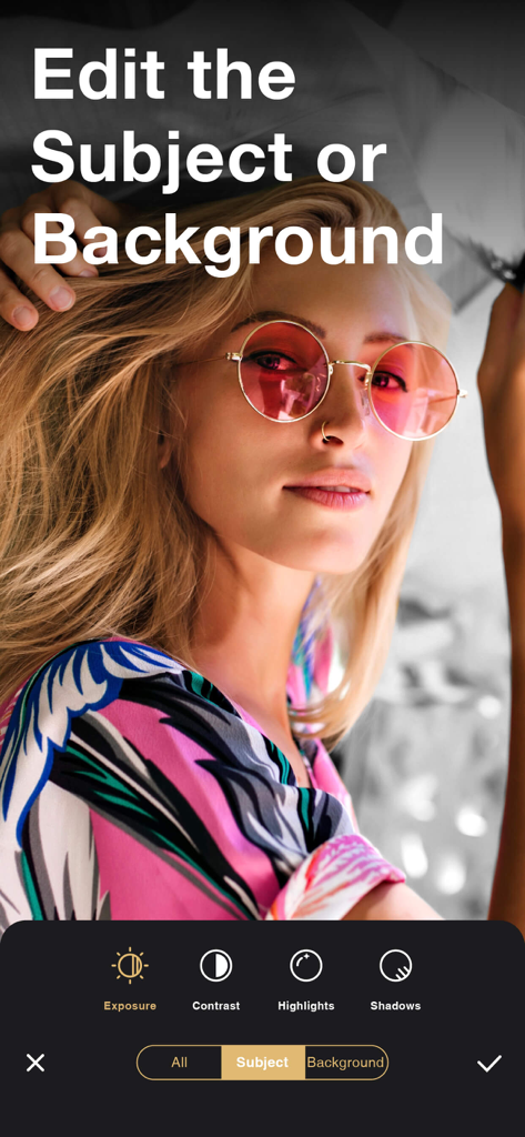 SoReal AI | Face Swap Changer - User interface of SoReal AI app showing options to edit subject or background lighting and exposure