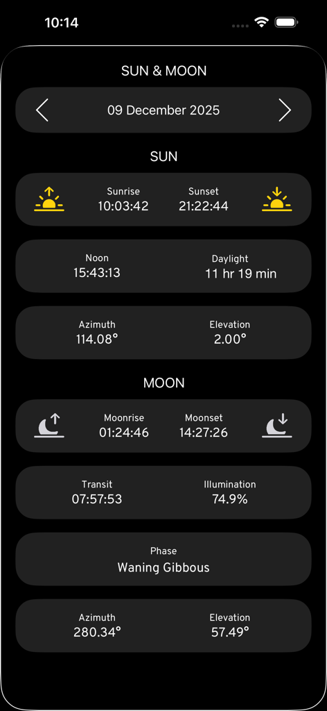 Anchor Plus - Anchor Plus app screen displaying detailed sun and moon timings moon phases and celestial positions for marine navigation
