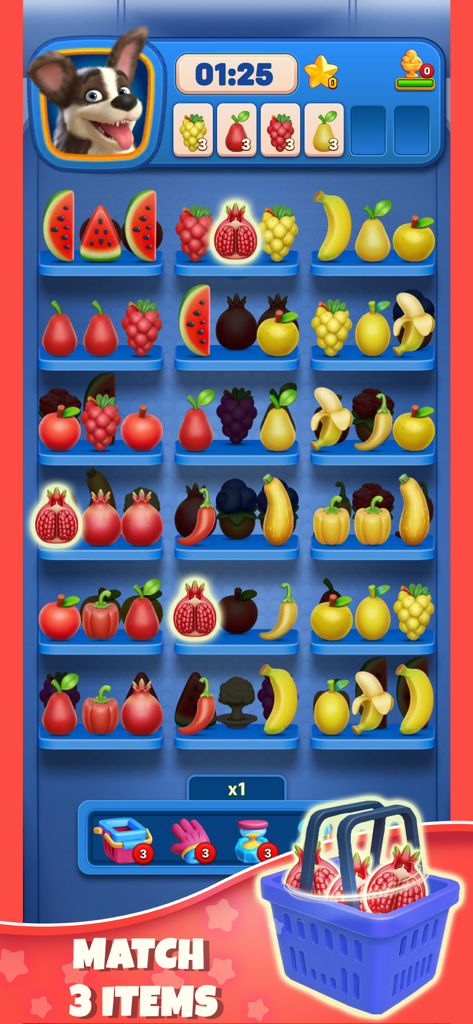 Jugabilidad móvil de Triple Goods Sort con combinación de frutas y verduras en estantes organizados.