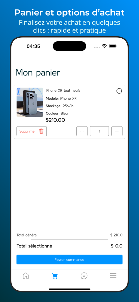 Kope - Interfaccia dell'app di shopping Kope che mostra un iPhone XR blu nel carrello con un pulsante di checkout.