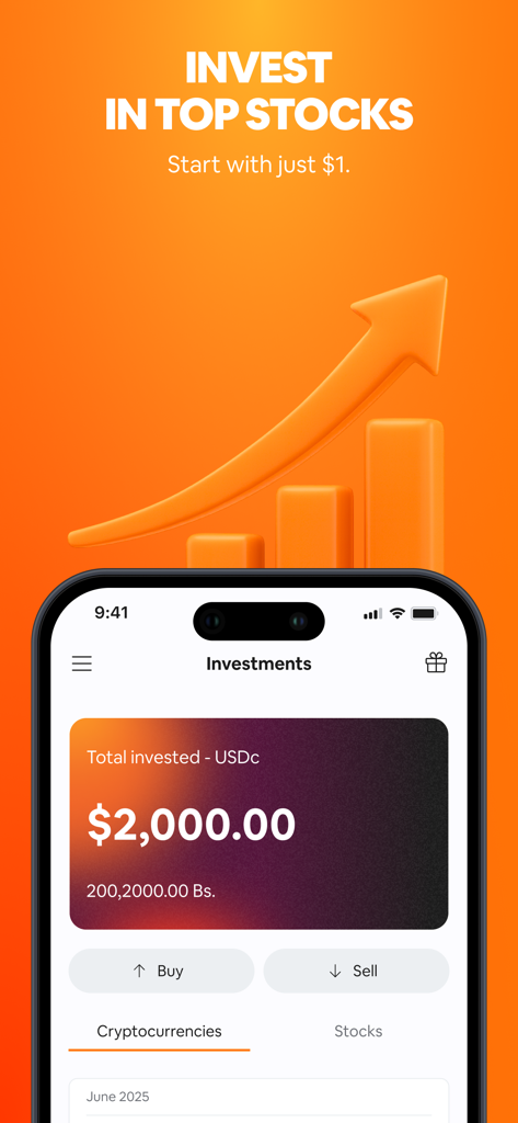 Mobile app screen for Kontigo Global showing stock and crypto investment options with an upward growth arrow