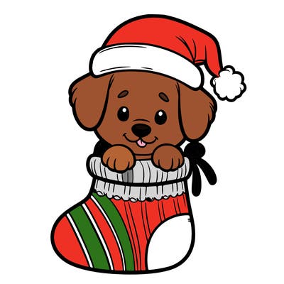 cute puppy wearing santa hat in socking