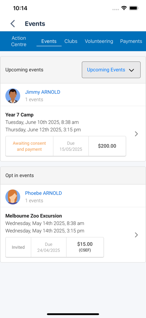 Screenshot of the Compass School Manager app showing upcoming school events and excursion payments for students